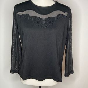 Styled by Joe Zee Top Blouse Black Mesh Sleeves Embroidered Blouse Top